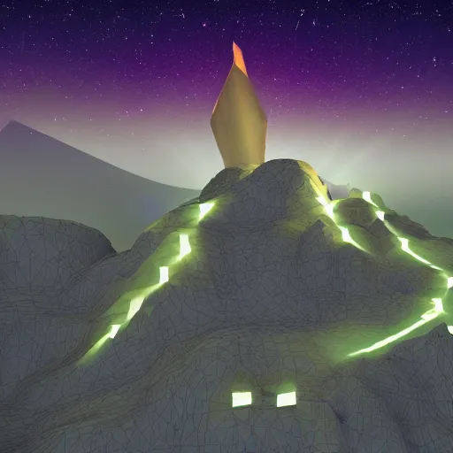 Image similar to 3 d game design of a mountain with a beam of light coming out of the top and a city at the bottom of it, there is lots of random shapes in the night sky, 3 d game design
