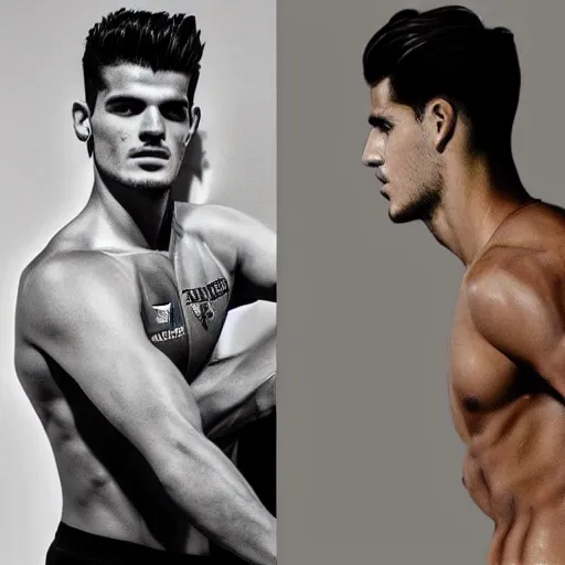 Prompt: a realistic detailed photo of a guy who is an attractive humanoid who is half robot and half humanoid, who is a male android, soccer player alvaro morata, shiny skin, posing like a statue, blank stare, in a living room, on display, showing off his muscles, with a twin