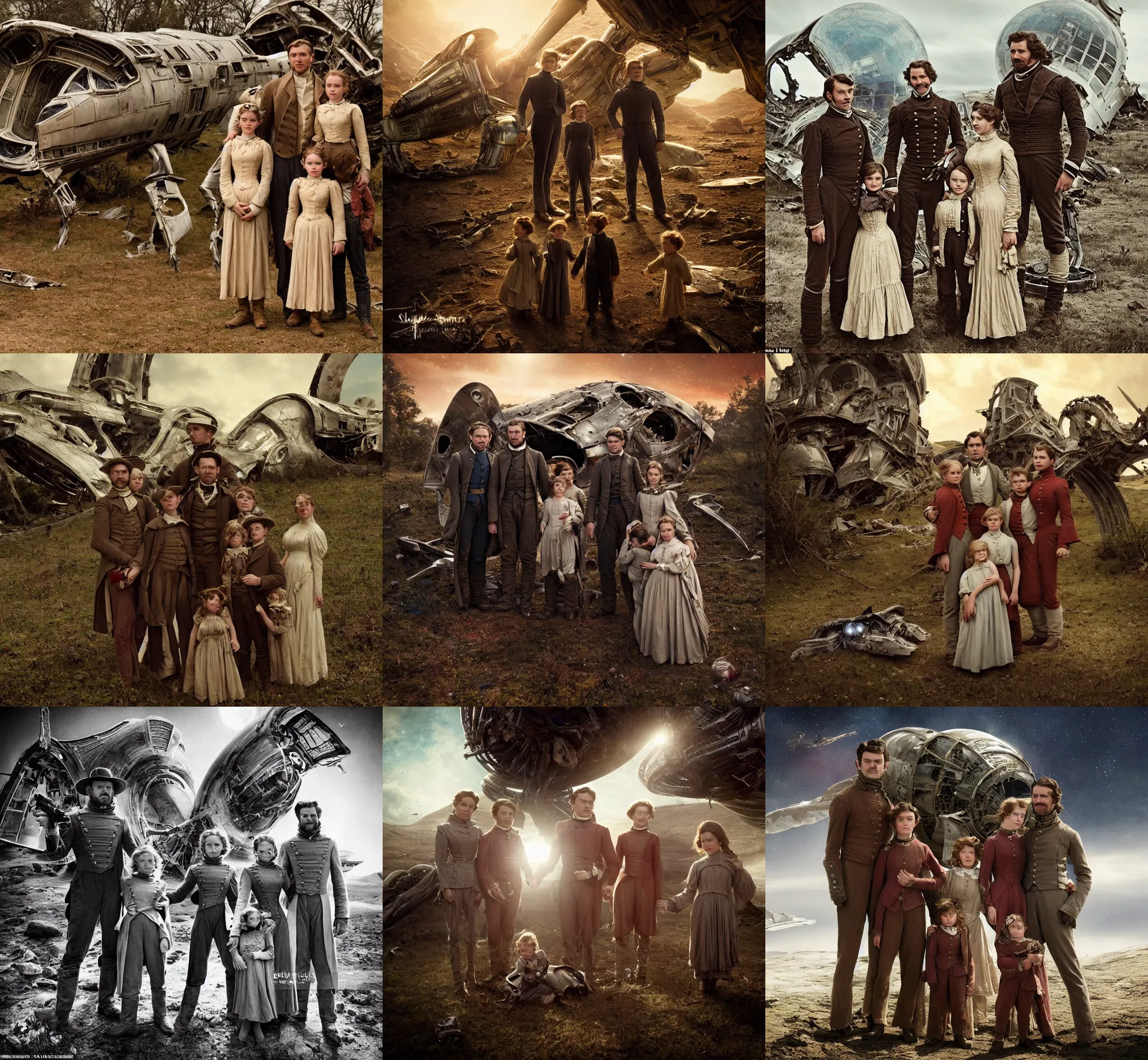 Prompt: sharp, detailed, film from a blockbuster sci fi 8 k color movie, set in 1 8 6 0, family standing in front of a crashed spaceship, on alien planet, looking happy, wearing 1 8 5 0 s era clothes, atmospheric lighting, in focus, reflective eyes, 3 5 mm macro lens, live action, nice composition, good photography, super clear facial details