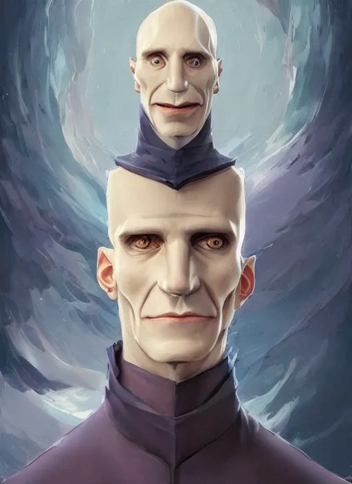 Image similar to a portrait of a male character with only flat nostrils instead of his nose of Voldemort in a scenic environment by Ross Tran and by Jesper Ejsing and by Mikalojus Konstantinas Ciurlionis