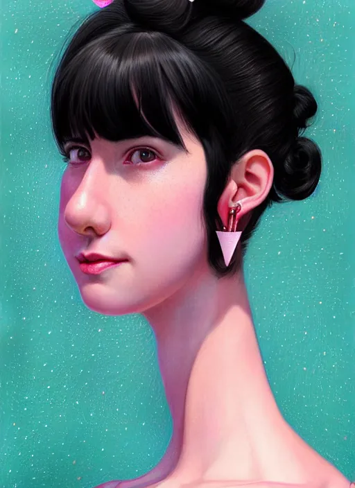 Image similar to portrait of high school girl, realistic, black hair, bangs, half updo hairstyle, pointy nose, skinny, smile, ugly, defined jawline, big chin, pink hair bow, earrings, intricate, elegant, glowing lights, highly detailed, digital painting, artstation, sharp focus, illustration, art by wlop, mars ravelo and greg rutkowski