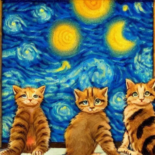 Image similar to kittens van goh style staring at moon in van goh a starry night