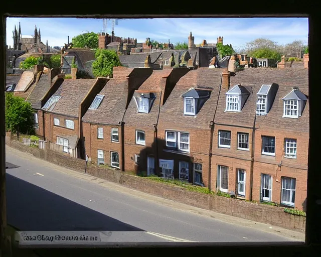 Prompt: view of a british street from an upstairs window, sunny day, cars parked, 2006