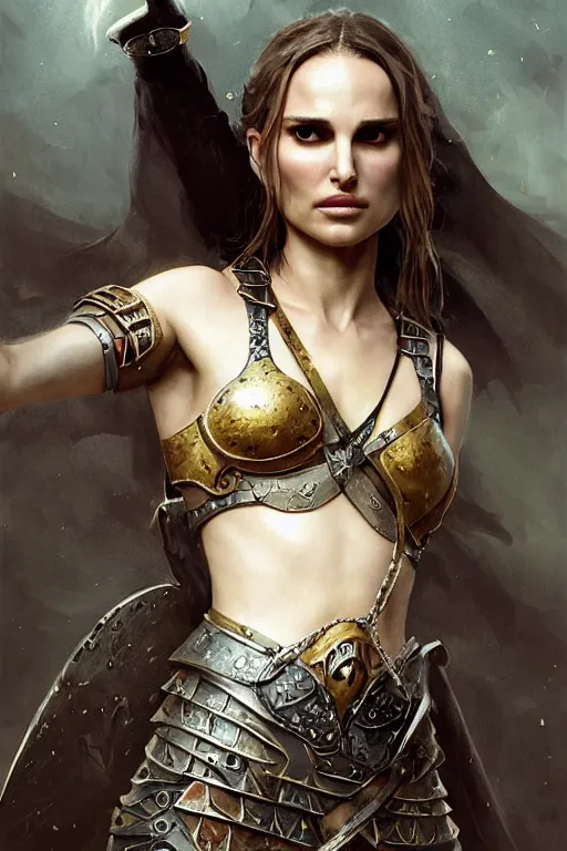 Image similar to natalie portman, legendary warrior, heroic, lord of the rings, tattoos, decorative ornaments, battle armor, by carl spitzweg, ismail inceoglu, vdragan bibin, hans thoma, greg rutkowski, alexandros pyromallis, perfect face, fine details, realistic shading photorealism