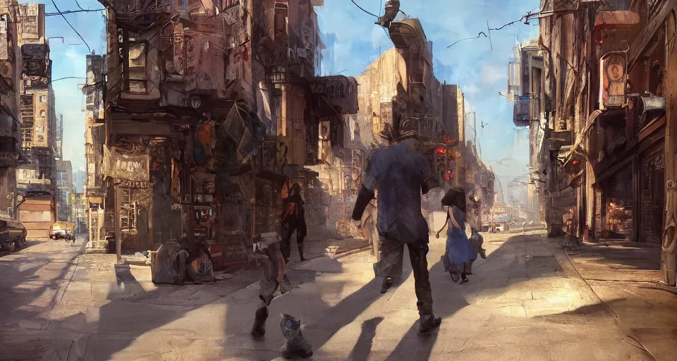 Image similar to craig mullins and ghibli digital art of american city, street, 1 9 2 0, sunset alley, the half - human, half - cat monster watches you, its body hidden in the shadow unreal engine, hyper realism, realistic shading, cinematic composition, realistic render, octane render, detailed textures, photorealistic, wide shot