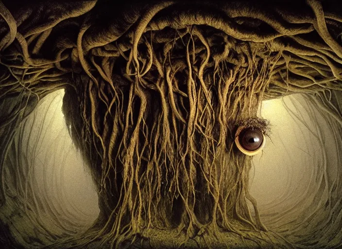 Prompt: photo of roots growing down from a ceiling in an underground cavern wrapped around a severed eyeball. Fantasy magic horror style. Highly detailed 8k. Intricate. Nikon d850 55mm. Award winning photography. Hr giger. Zdzislaw beksinski