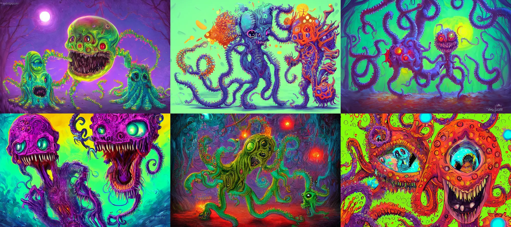 Prompt: a very friendly unimaginable horror beyond human comprehension, a very detailed digital art, trending on art station, friendly art, lovecraftian monster, positive and fun vibes, bright colors