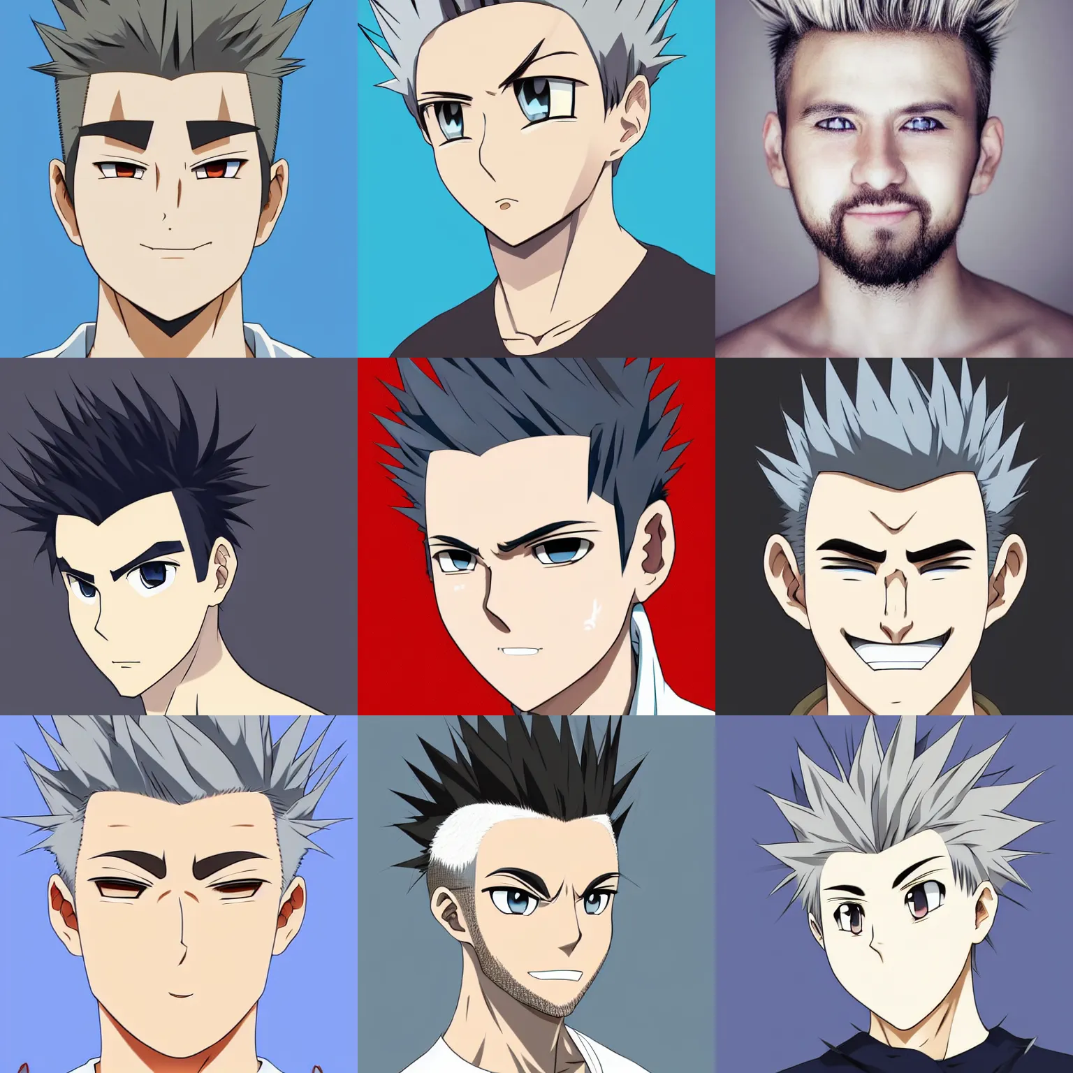 Prompt: A medium shot anime portrait of a smiling anime man with very short beige spiked hair, light grey-blue eyes, beige hair, short beige and white facial hair and whiskers, medium shot portrait, his whole head fits in the frame, short hair on top of his head, small messy faux hawk, solid color background, flat anime style shading, head shot, 2d digital drawing by Stanley Artgerm Lau, WLOP, Rossdraws, James Jean, Andrei Riabovitchev, Marc Simonetti, and Sakimi chan, trending on artstation