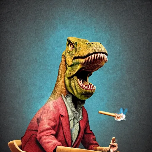 Prompt: dinosaur smoking a cigar sitting in a chair wearing a smoking jacket realistic hdr