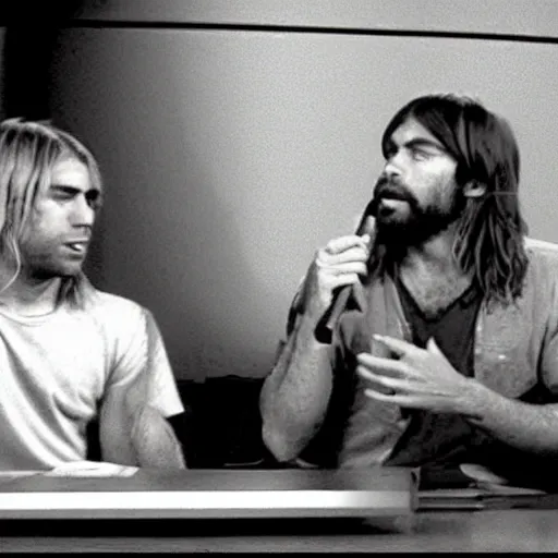 Image similar to Joe rogan interviewing with Kurt Cobain, low quality, vhs quality, late 2000’s