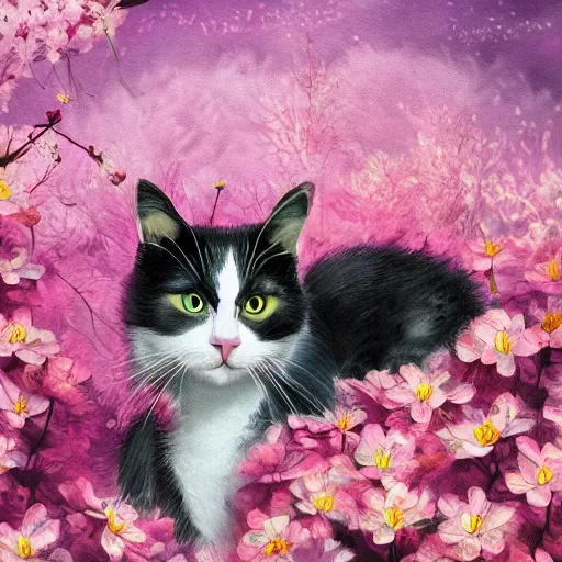 Image similar to photo of a cat in the blossoming garden, cat and flower, trending on artstation, super detailed, everything in a beautiful light, stylishly designed background, fantasy art, photoshop