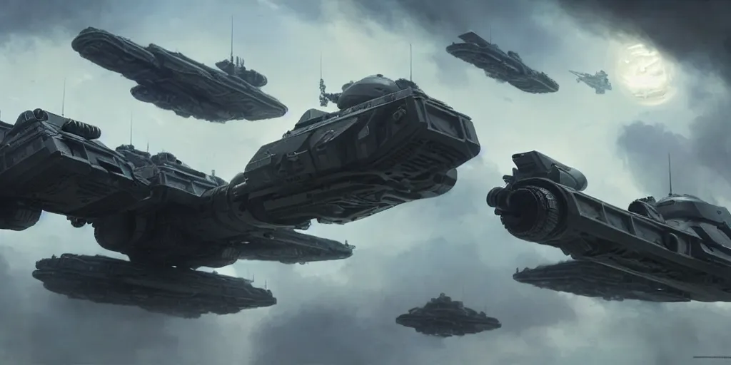 Image similar to hyper realistic sci - fi matte concept art painting of a low flying spaceship over a battlefield filled with tanks, mecha and transports, beautiful details, strong composition painted by kim jung guweta studio rutkowski, james gurney and greg rutkowski, and lucasfilm, smooth, intricate, detailed, sharp focus, cinematic