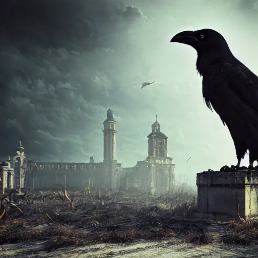 Prompt: Crow Fursuit, centre composition, dark clouds, golden hour, surreal abandoned buildings, dream-like heavy atmosphere, baroque painting, beautiful detailed intricate insanely detailed octane render trending on Artstation, 8K artistic photography, photorealistic, dramatic volumetric cinematic perfect light, chiaroscuro, award-winning photograph, masterpiece,