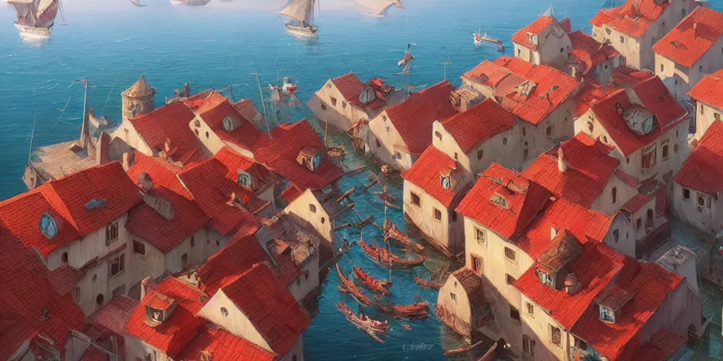 Image similar to Cozy small village on a cape, red roofs, fishing boats, view from above. In style of Greg Rutkowski, Jesper Ejsing, Makoto Shinkai, trending on ArtStation, fantasy, great composition, concept art, highly detailed, scenery, 8K, Behance.