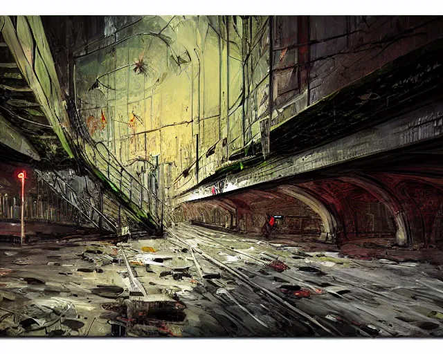 Prompt: urban overgrown subway decay gothics, comic style painting with oil on cardboard, intense brushstrokes with rough brush, cinematic color palette, 4K