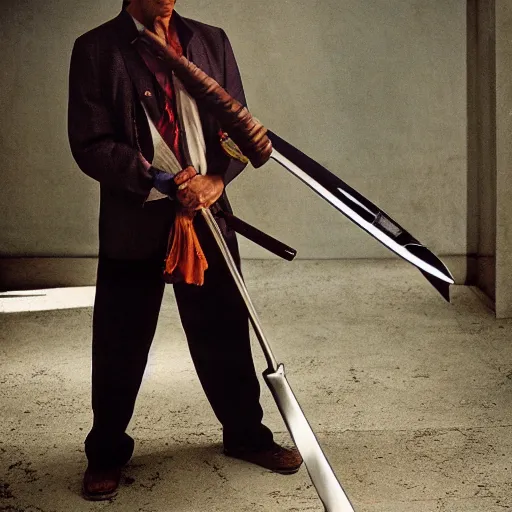 Prompt: Gus Fring with a daedric katana Steve McCurry photograph