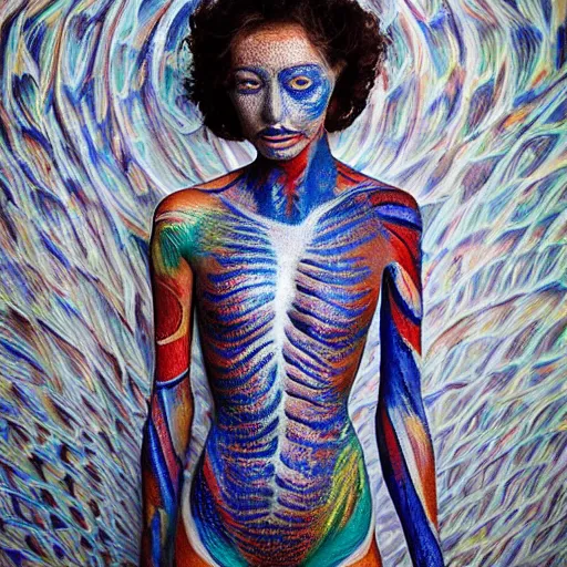 Image similar to stylized bodypaint by paul signac, photography. very detailed human form.