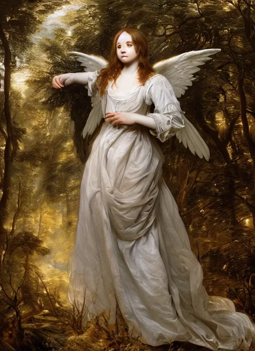 Image similar to Beautiful angel teenager, Looks like Christina Ricci, In the woods, Dramatic, Edge, Good, Infused, Backlight, De-Noise, VFX, insanely detailed and intricate, hypermaximalist, elegant, ornate, hyper realistic, super detailed, by Anthony Van Dyck, by Ivan Shishkin, by John Constable