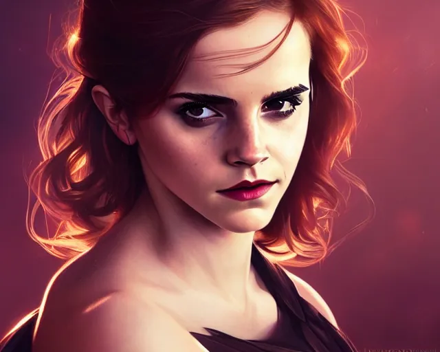 Image similar to photography of emma watson as black widow, deep focus, d & d, fantasy, intricate, elegant, highly detailed, digital painting, artstation, concept art, matte, sharp focus, illustration, hearthstone, art by artgerm and greg rutkowski and alphonse mucha