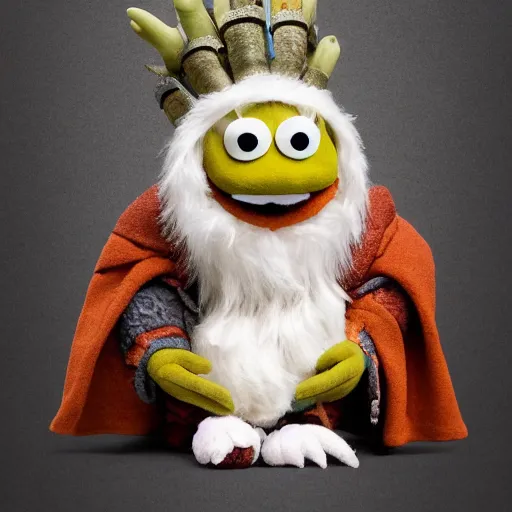 Prompt: dungeons and dragons egg white grung cleric as a chibi muppet plush wearing a big dark wolf pelt headdress and carrying a tiny sketch book and pencil, photorealistic, photography, national geographic, sesame street