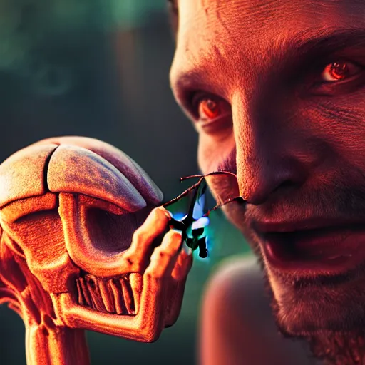 Image similar to photograph of a man with a insect head begging for blood, 8k resolution, high detail, ULTRA REALISTIC VFX, reflections