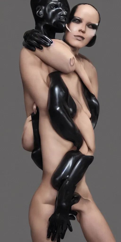 Image similar to human bodies intertwined, skin made of colored latex mixing with black leather, hyperrealistic