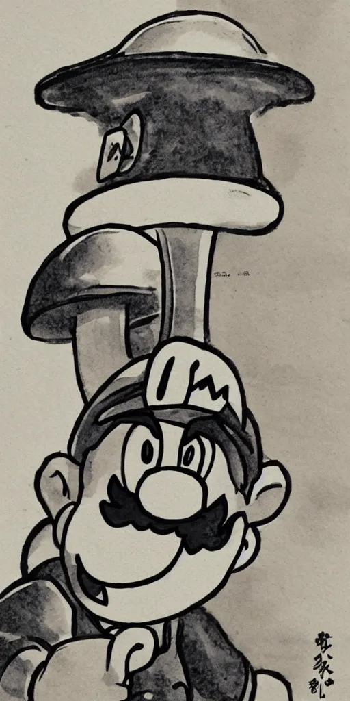 Prompt: Super Mario finds a mushroom, traditional Japanese ink wash painting