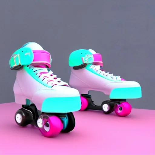 Image similar to a pair of white retro! roller skates with cyan wheels on a pedestal!! in an empty white room, octane render, 3 d, pink lightning, neon!! light