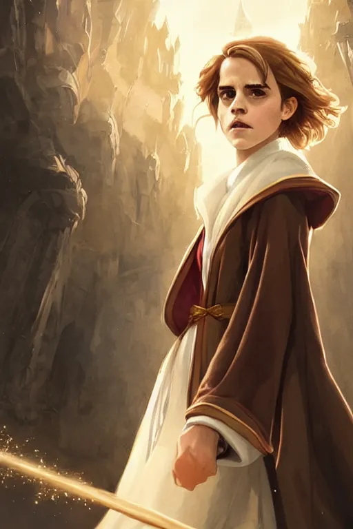 Image similar to Poster artwork, Emma Watson as Hermione Granger, wearing hogwarts!!! robes!!!, magnificent, close up, details, sharp focus, elegant, highly detailed, illustration, by Jordan Grimmer and greg rutkowski and PiNe(パイネ) and 薯子Imoko and 香川悠作 and wlop!!!! and maya takamura, intricate, beautiful, sunset!!!, Trending artstation, pixiv, digital Art