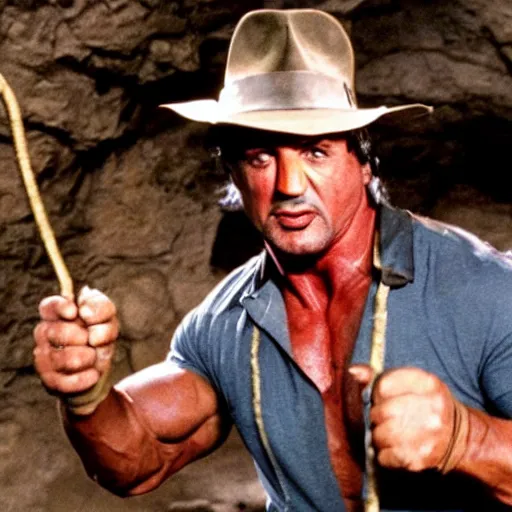 Image similar to sylvester stallone as indiana jones with a whip in his hand, holding a golden mayan skull, in a cave full of traps