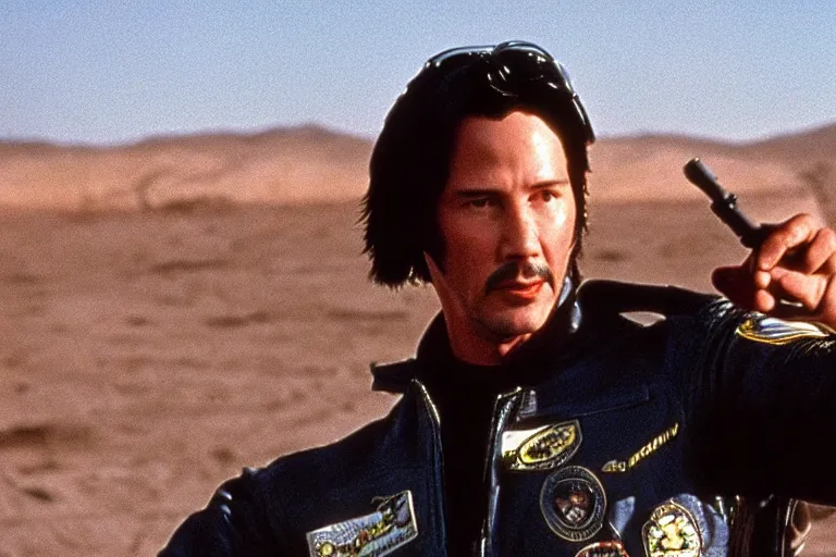 Image similar to film still of Keanu Reeves as Maverick in Top Gun 1986