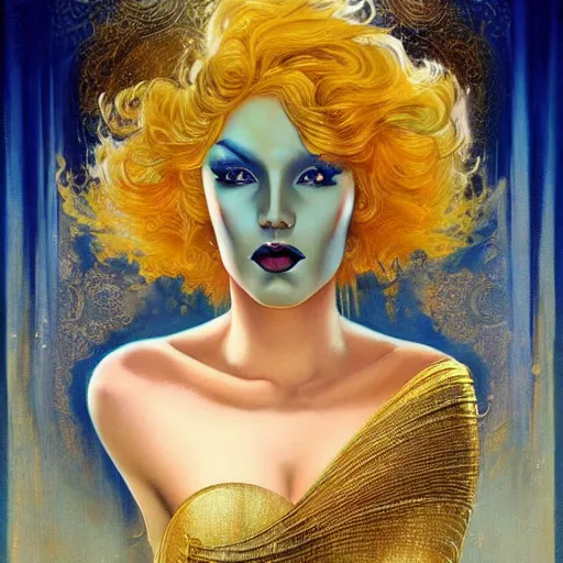 Image similar to a woman with blue and gold hair, an art deco painting by karol bak, featured on cgsociety, gothic art, poster art, art deco, tarot card