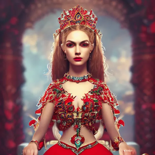 Prompt: wonderful princess with smooth fair skin, alluring eyes, red eyeshadow, red jewelry, breathtaking, elegant, intricate, ornate backdrop, hyper detailed, accent lighting, 4 k photography, octane render