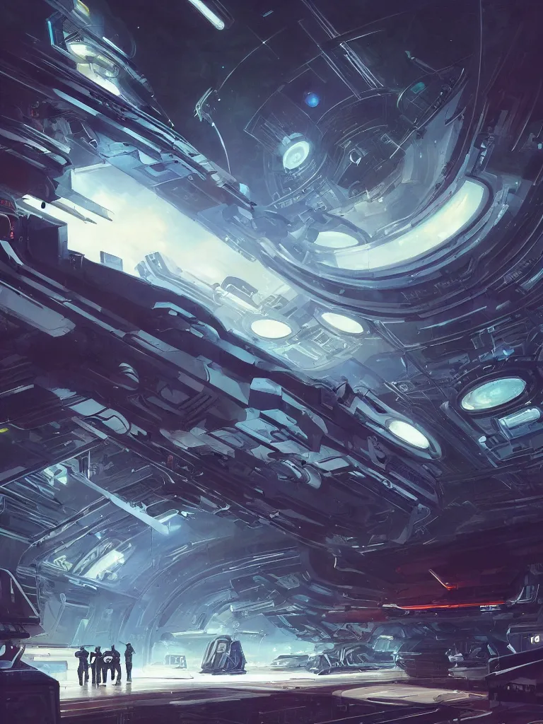 Image similar to the stunning futuristic art of vincent di fate, inside a space station, highly detailed, excellent composition, cinematic concept art, dramatic lighting, trending on artstation