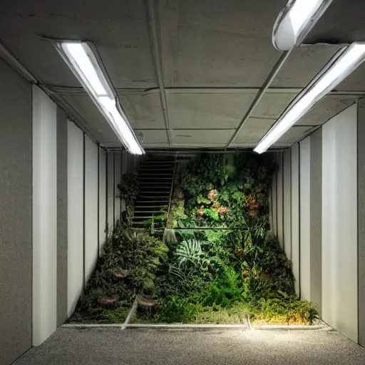 Prompt: noisy photograph of a small liminal underground garden, office ceiling panels, retrofuturism, brutalism, staggered terraces, minimalist, cinematic, soft vintage glow