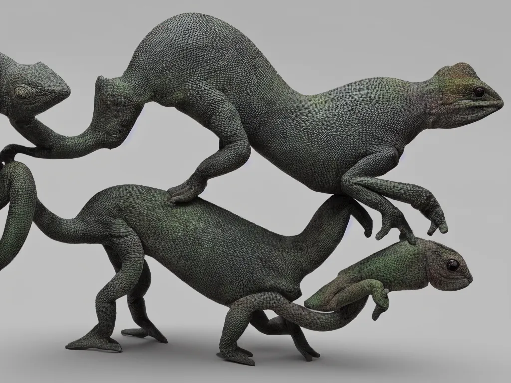 Prompt: Chameleon and tapir collaborating when crafting a lambda statue. Hyper realistic 3D rendering