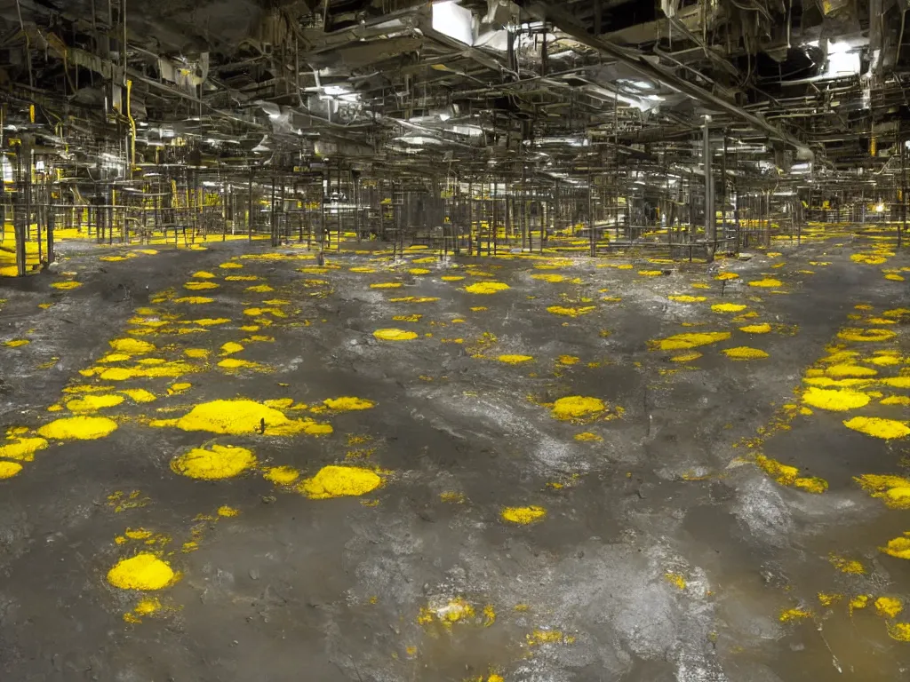 Image similar to photo of an underground waste facility, dark gloomy lighting, metal catwalks over yellow pools of sludge