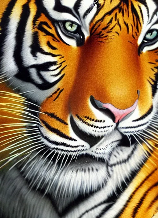 Prompt: a colour photo of a tiger, a photorealistic painting by christian w. staudinger, behance, hyperrealism, hyper realism, majestic, wallpaper