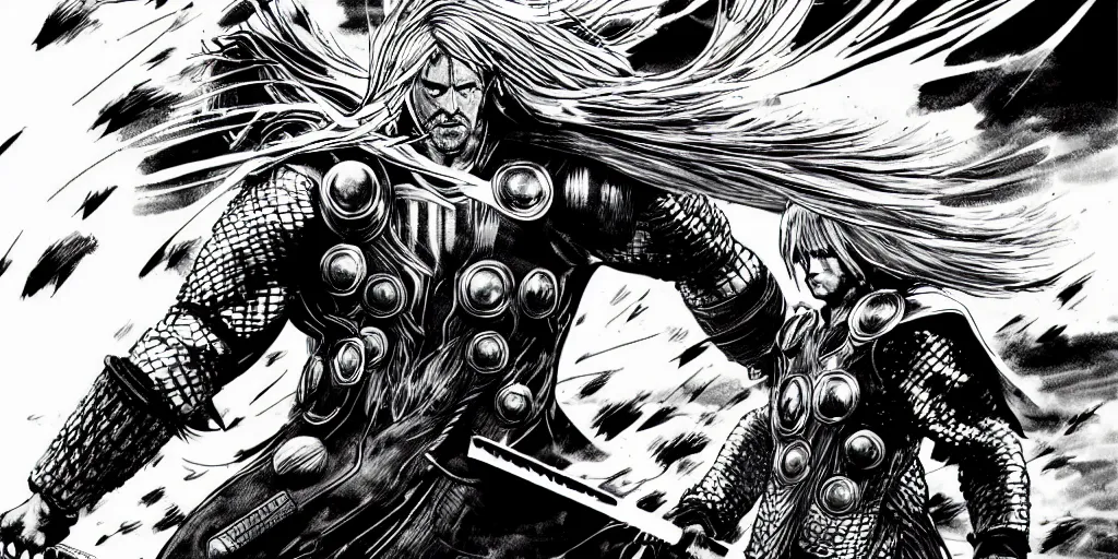 Prompt: thor with blond hair catches lightning and holds an ax in an epic battle with storm clouds with faces monsters by tsutomu nihei, black and white, epic battle background, comic, cinematic