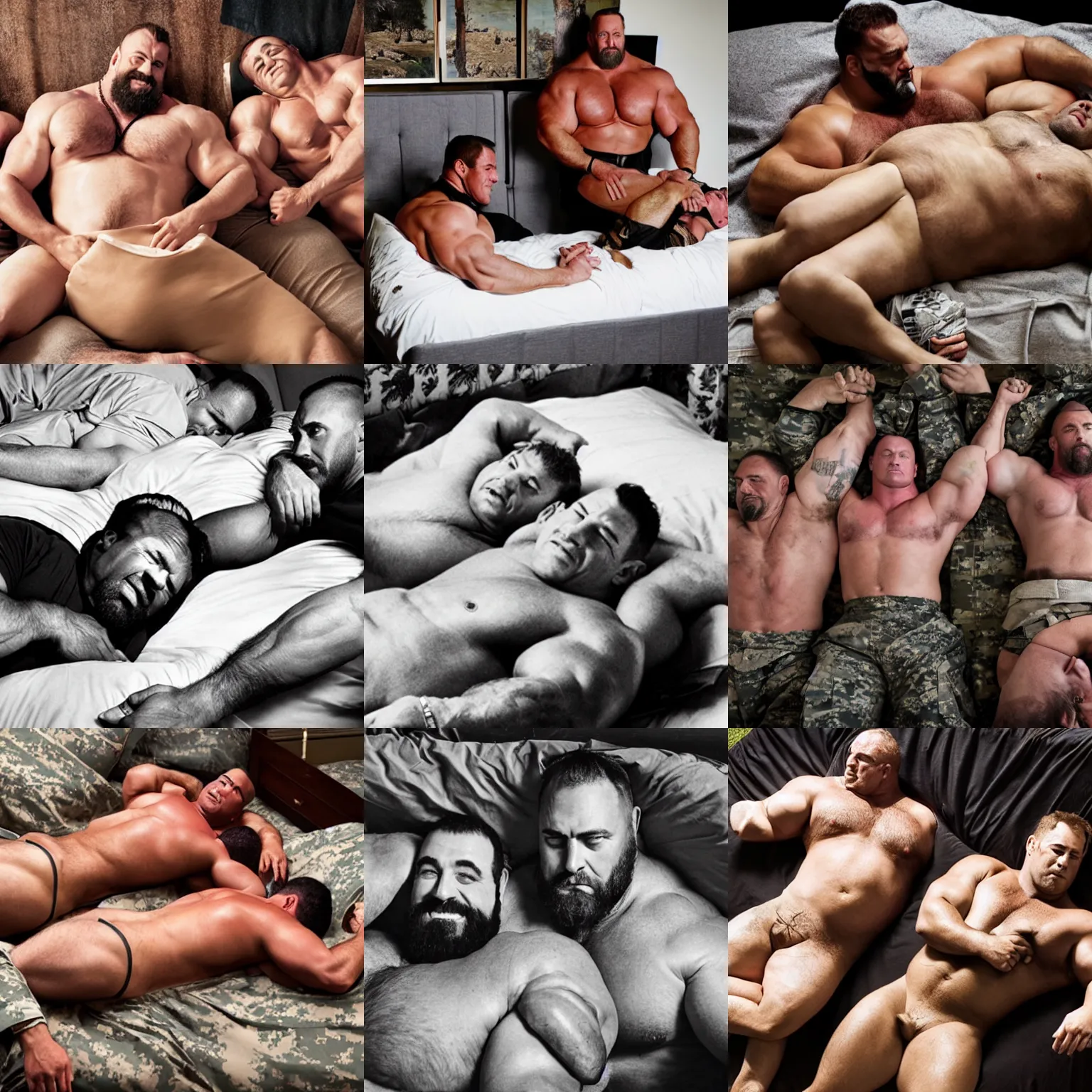Prompt: big burly military strongmen laying down together in a bed, photography