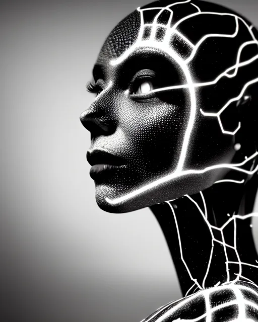 Image similar to black and white cyborg-plant goddess high quality photo, microchip, artificial intelligence, bio-mechanical bio-luminescence, black wired cables, neurons, nerve cells, octane render, cinematic, rim light, hyper realism, photo-realistic, high detail, 8k, masterpiece, high fashion, in the style of Steven Meisel and Dora Maar and H.G. Giger