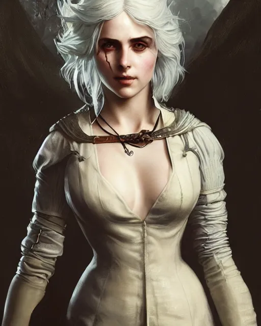 Image similar to Pre-Raphaelite Ciri from Witcher 3 by Artgerm and Greg Rutkowski, wearing haute couture by schiaparelli, sharp focus, sun rays, intricate, elegant, highly detailed, digital painting, pale