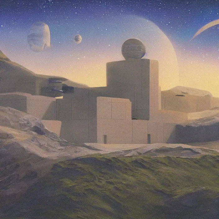 Image similar to a building in a serene landscape, space opera