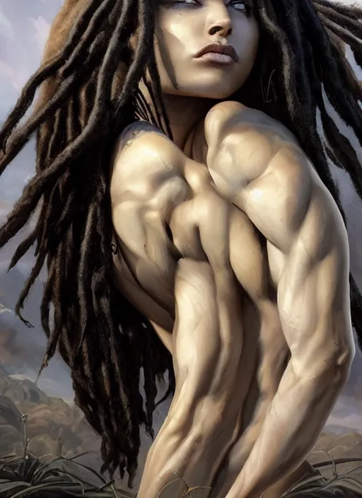 Image similar to girl with pale white skin and black dreadlocks, muscular upper body, beautiful highly detailed face, complementary lighting, backlit, black eyeshadow, dark eyes, adventure, dramatic lighting, landscape background, beautiful painting by artgerm and greg rutkowski and raymond swanland