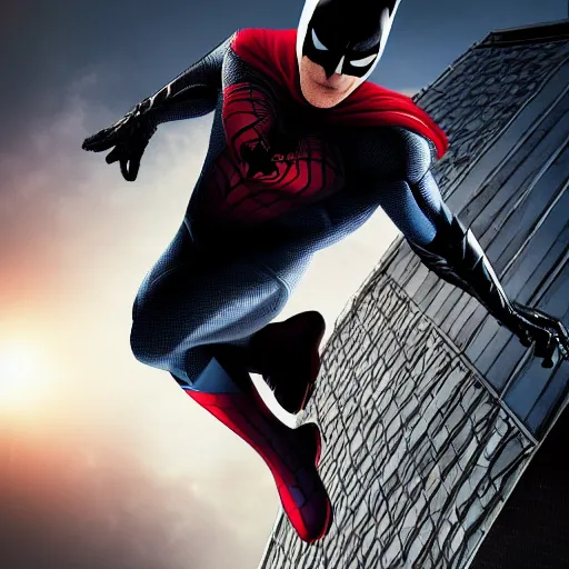 Prompt: awe inspiring hyperrealistic Batman VS Spider-Man movie poster 8k hdr moody lighting