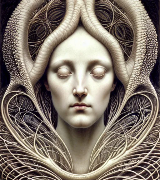 Prompt: detailed realistic beautiful ivory goddess face portrait by jean delville, gustave dore, iris van herpen and marco mazzoni, art forms of nature by ernst haeckel, art nouveau, symbolist, visionary, gothic, neo - gothic, pre - raphaelite, fractal lace, intricate alien botanicals, biodiversity, surreality, hyperdetailed ultrasharp octane render