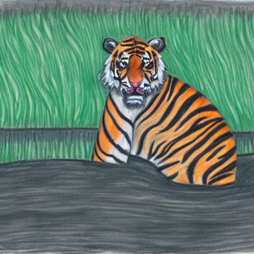 Prompt: drawing of a tiger cubs floating upside down in a pond of black oil, outsider art style