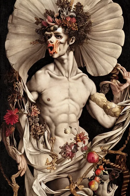 Prompt: Detailed maximalist portrait a Greek god with large lips and with large white eyes, exasperated expression, fleshy skeletal, botany, HD mixed media 3d collage, highly detailed and intricate, surreal illustration in the style of Caravaggio, dark art, baroque