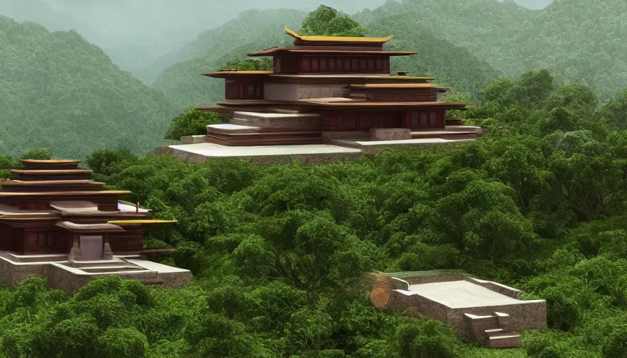 Image similar to small temple house inspired by tibetan architecture, on a green hill, overlooking a valley with trees, frank lloyd wright, realistic render, birdseye view