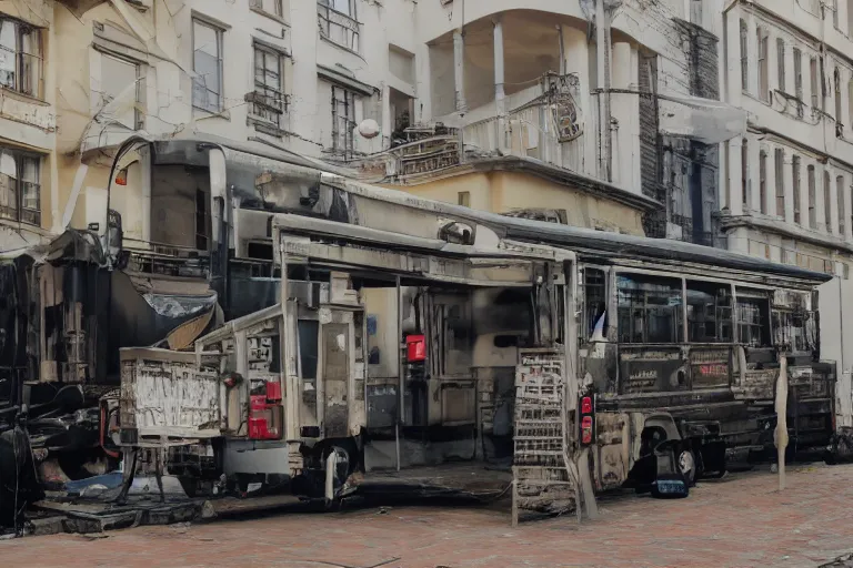 Prompt: red bus LIAZ exterior, backgrond plattenbau, photography, dramatic lighting, colorfull